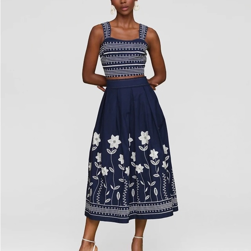 Avec Les Filles Women's Cotton Embroidered Square-Neck Tank Top & Midi Skirt
